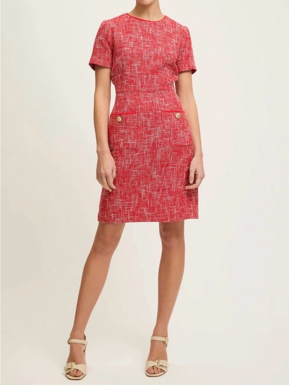 NWT $465 LK Bennett US 6 Alexa Red Cotton Blend Tweed Short Sleeve Dress